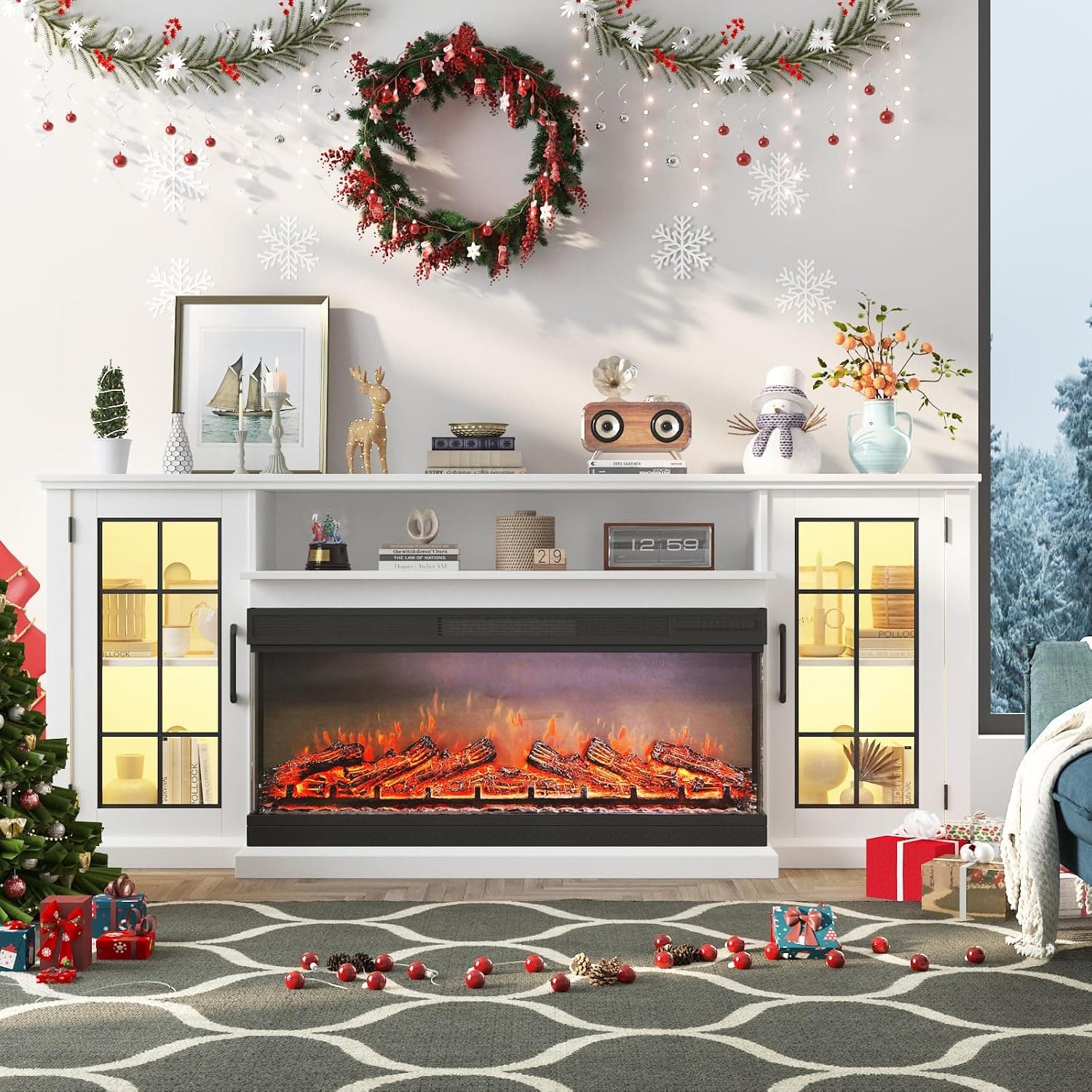 IDEALHOUSE 75In 3 Sided Glass Fireplace TV Stand