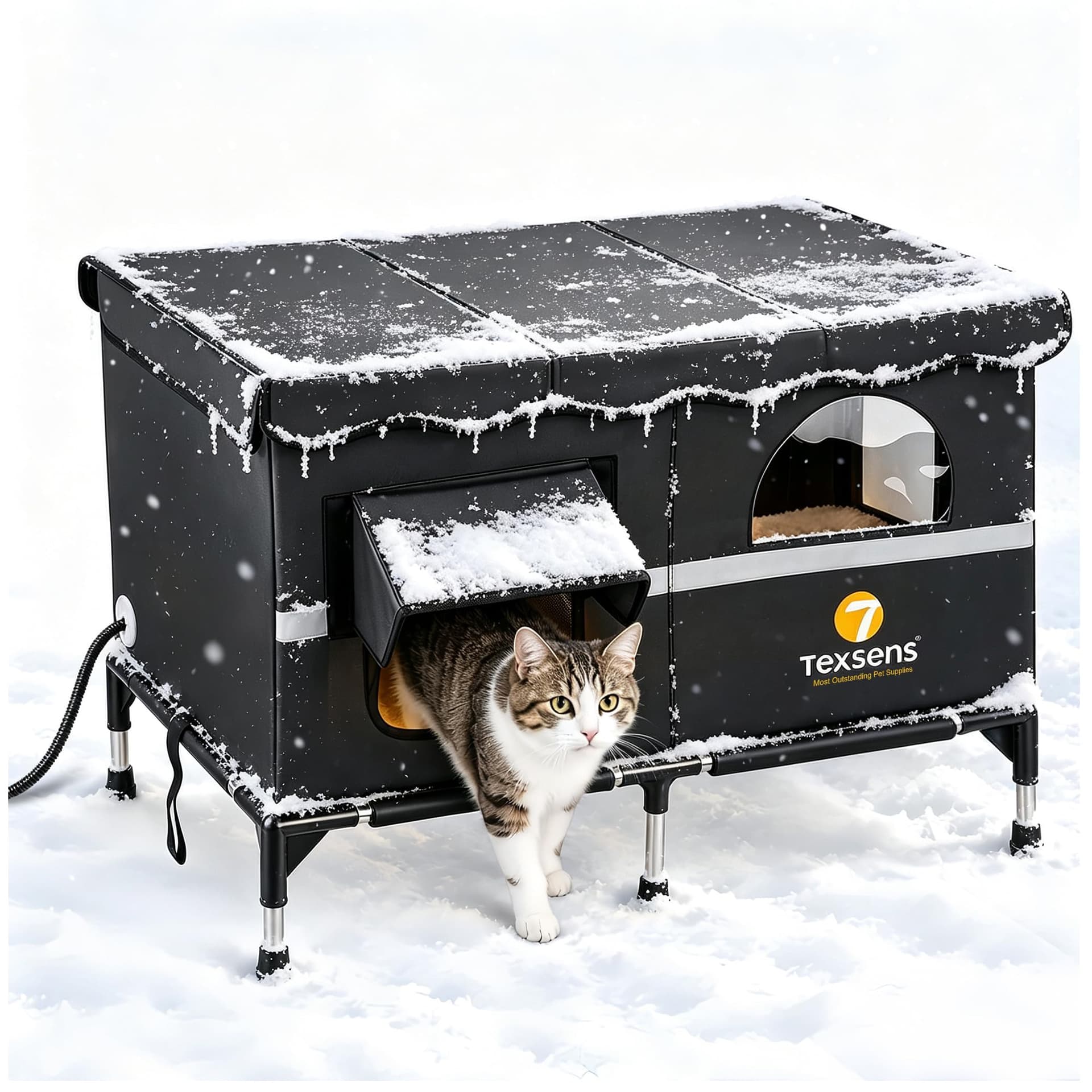 Texsens Heated Cat House for Outside, Stainless Steel Frame & Front Window