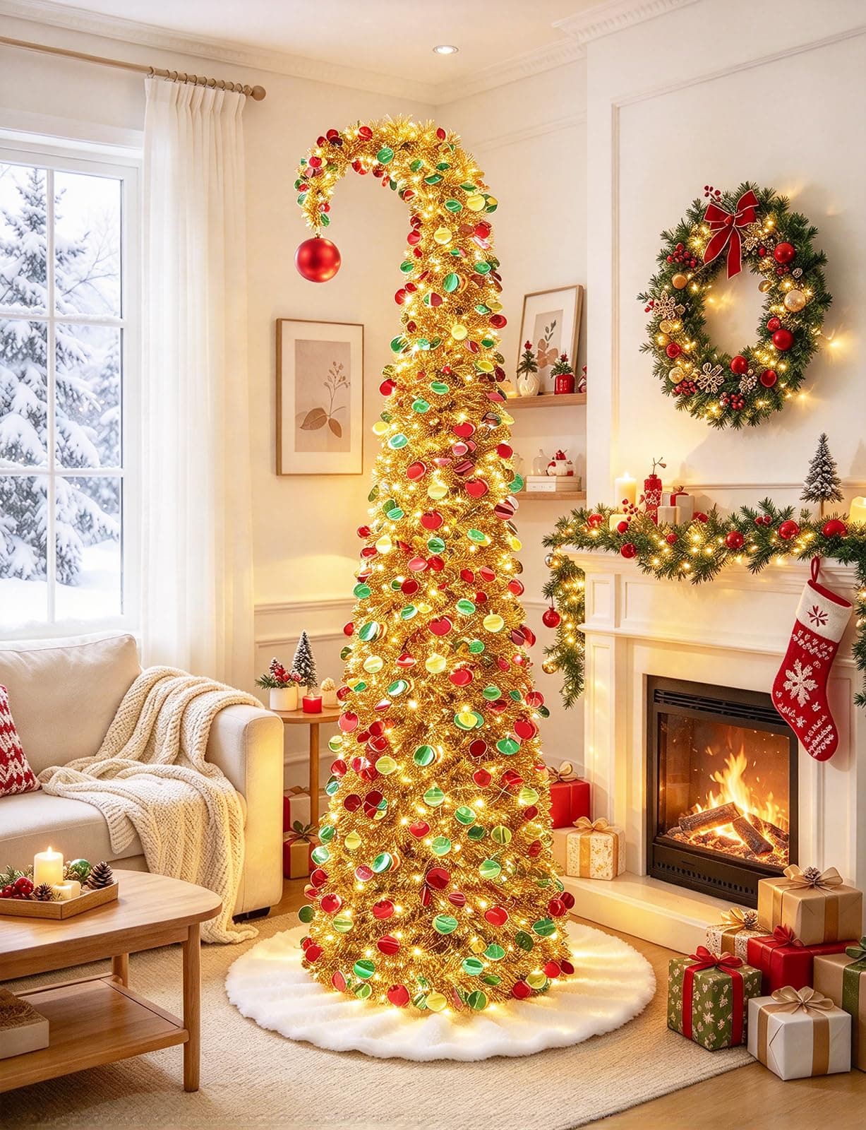 6 FT Pop Up Christmas Tree Curved with Lights & Ball for Christmas Decor