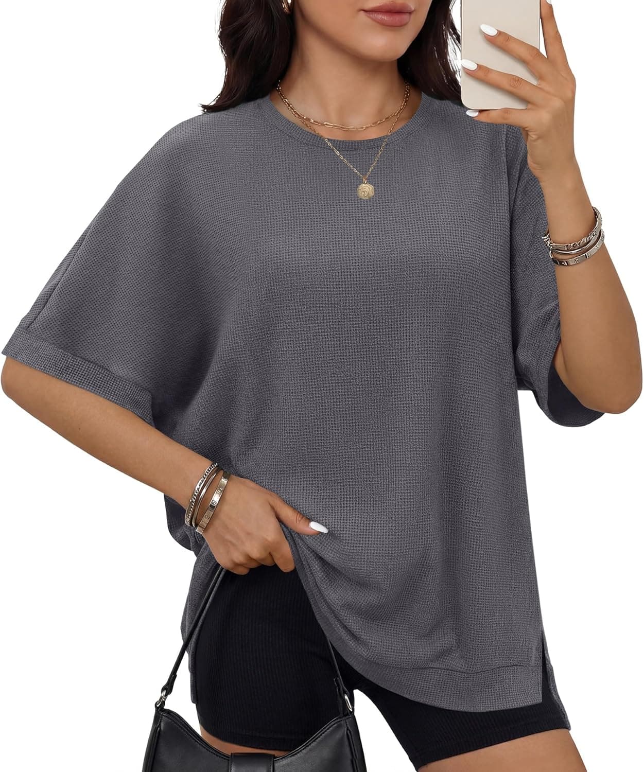 ANRABESS Women Oversized Waffle Knit T-Shirts