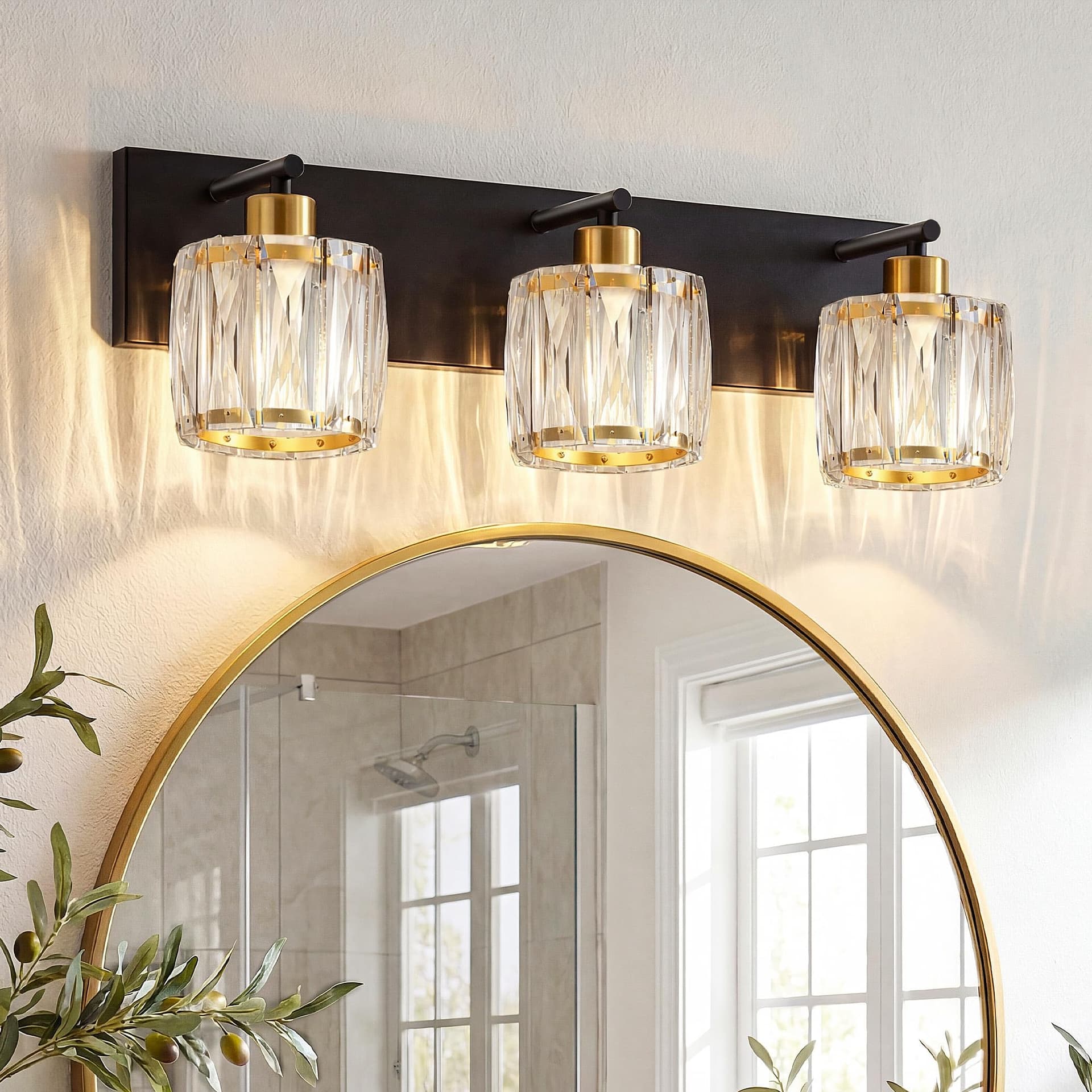 VOLISUN 3-Light Crystal Bathroom Vanity Light Fixtures, Black and Gold