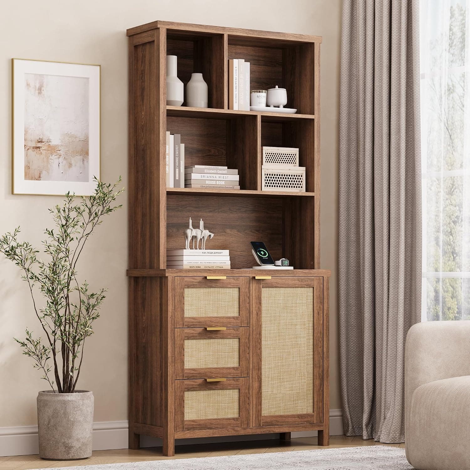 YANOSAKU 71" Tall Bookshelf with Charging Station
