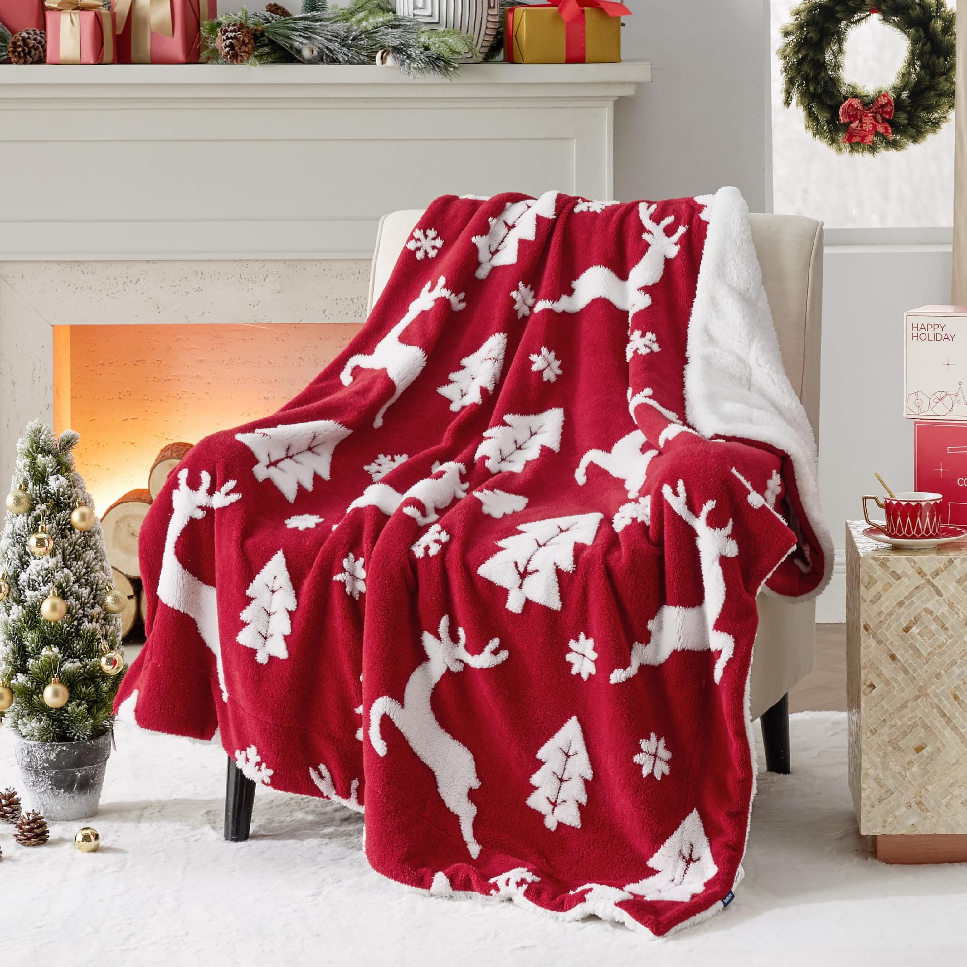 Bedsure Christmas Throw Blanket for Couch - Christmas Decorations Gifts for Women, Warm Sherpa Deer Throw Blanket, Red 50"x60"