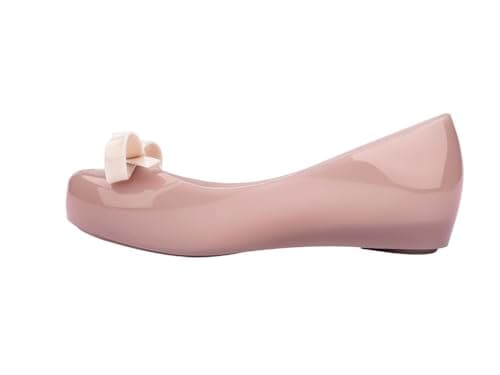mini melissa Ultragirl Bow Ballet Flats for Girls- Comfortable & Cute Peep Toe Jelly Flat Shoes with Transparent Upper and Small Bow for Kids, Beige, 3