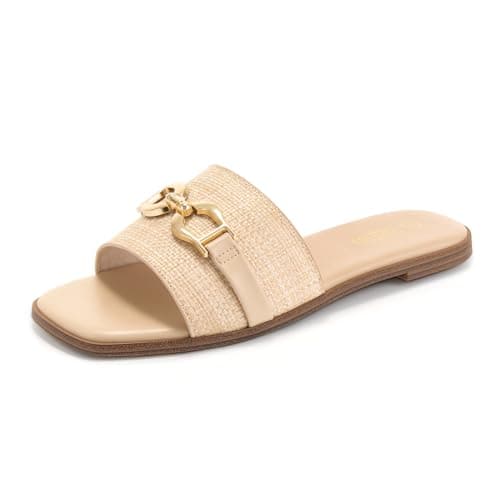 Rihero Women's Flat Sandals Comfortable Dressy Square Peep Toe Slides Slip On Beach Cute Ladies Raffia Sandals Size 6