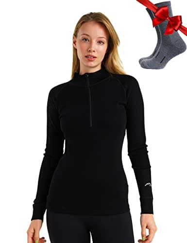 Merino Wool Base Layer Women - 100% Merino Half Zip Sweater Women Lite, Midweight, Heavyweight Thermal Shirts and Socks (Medium, 250 Black)