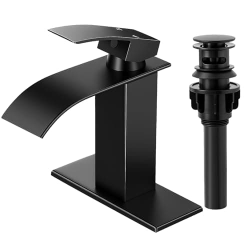RNDIOZD Matte Black Bathroom Faucet with Waterfall Spout and Pop-up Drain | SUS 304 Stainless Steel, Single Handle, 1 or 3 Hole Sink, Vanity Faucet, Deck Plate, Supply Hoses, NSF372 NSF61 cUPC — image 1