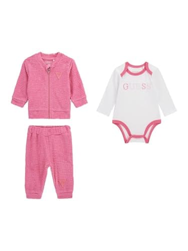 GUESS Unisex Eco Jacquared Sweatshirt, Long Sleeve Bodysuit And Pants, Jelly Pink, 9 Months