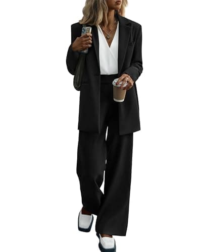 KIRUNDO Women Suits 2 Piece Set Business Casual Dressy Oversized Blazer Jacket and Wide Leg Dress Pantsuits Formal Outfits(Black, X-Large)