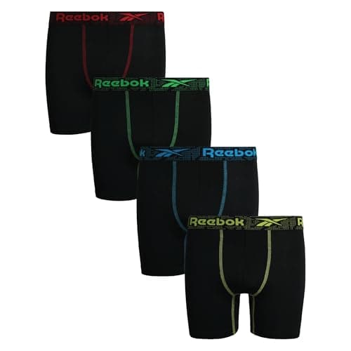 Reebok Boys Boxer Briefs - 4 Pack Performance Stretch Breathable Athletic Underwear Boxers for Boys (Sizes: 6-18), Size 12-14, All Black