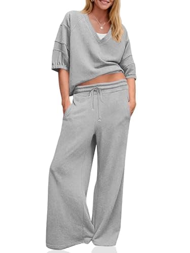 Fisoew Womens 2 Piece Lounge Sets Outfits Sweatsuits V Neck Sweatshirts Tracksuit Wide Leg Pants Fall Matching Sets