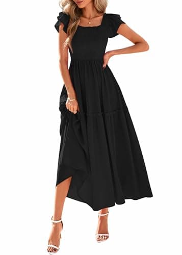 KIRUNDO Smocked Summer Dresses for Women 2026 Wedding Guest Midi Flowy Ruffle Short Sleeve Square Neck Tiered Sundress(Black, X-Large)