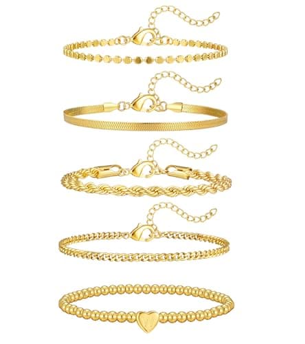 doubgood Gold Bracelets for Women Waterproof Stackable Heart Initial Charm Bracelets Set W Letter 14K Gold Plated Adjustable Chain Link Stack Jewelry Gifts for Women Mother's Day