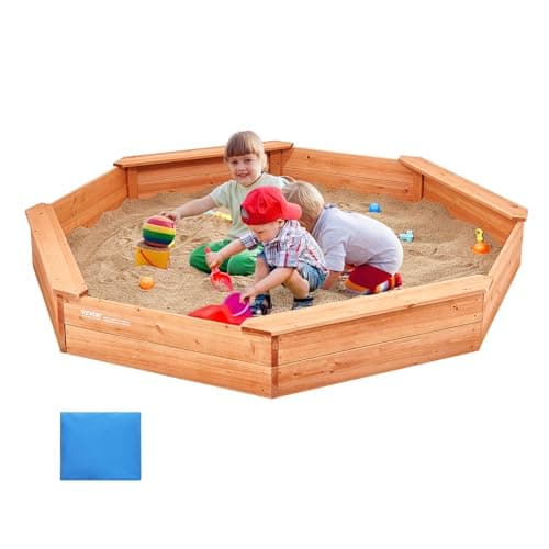 VEVOR Wooden Sandbox with Cover, 75.6''x75.6''x9.1'' Octagonal Sand Box, Sandpit with 4 Benches and Bottom Liner, Gift for Ages 3-12 Years Old Backyard Garden Easy Assembly