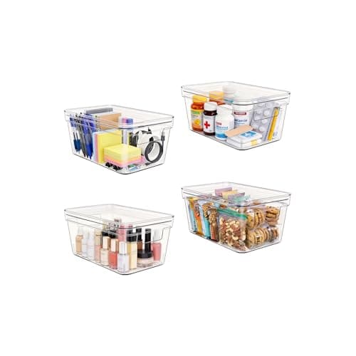 MOONEDGE Small Clear Plastic Storage Bins with Lids and Handles – Stackable Clear Organizer Bins for Refrigerator, Kitchen, Pantry, Bathroom, Closet, Laundry Room, Office – 4 Pack (10×6×5 in)