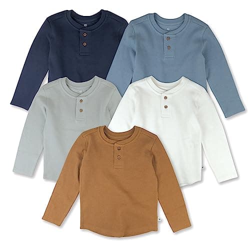 HonestBaby 5-Pack Waffle Henley Long Sleeve Shirts 100% Organic Cotton for Infant Baby and Toddler Boys, Unisex, Varsity Preemieep, 7Y