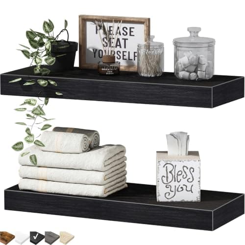 QEEIG Bathroom Floating Shelves for Wall (Black, Set of 2, 15.7") | 16 inch Small Shelf Over Toilet for Farmhouse Home Decor, Rustic Plant Display, Towels Organizer (008-40B) — image 1