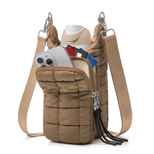 WOOMADA Water Bottle Holder RFID Crossbody Bag for Women, Ideal for Walking, Hiking, Cycling(khaki)