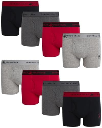 Beverly Hills Polo Club Boys Boxer Briefs - 8 Pack Cotton Breathable Boys Underwear with Fly and Contoured Pouch, Size 8-10, Heather Grey/Grey/Red/Black
