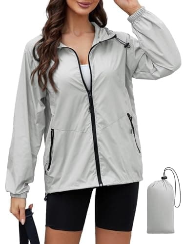 PITINAN Summer Jackets for Womens Waterproof Rain Coats with Hood Packable Rain Coats for Women Outdoor Active Windbreaker With Pockets Grey S