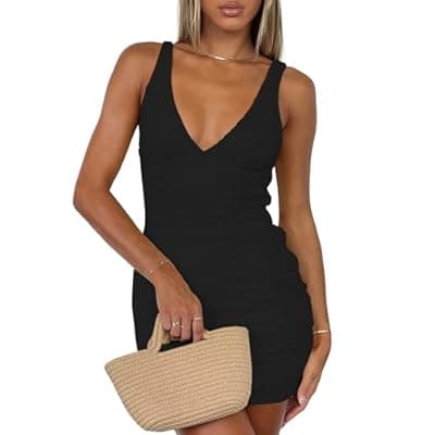 ZREQV Women's Summer Dresses 2026 Sexy Deep V Neck Backless Going Out Vacation Party Club Short Bodycon Mini Dress