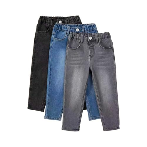 Nivne Tco Toddler Boys 3pcs Jeans Kids Little Boy Elastic Waist Stretchy Tapered Leg Denim Pants Set with Pockets (US, Age, 6 Years, Black+Blue+Grey)