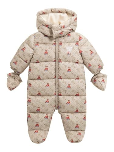 GUESS Unisex Hooded Padded Long Sleeve Overall, 4G Rustic Beige Aop, 3 Months