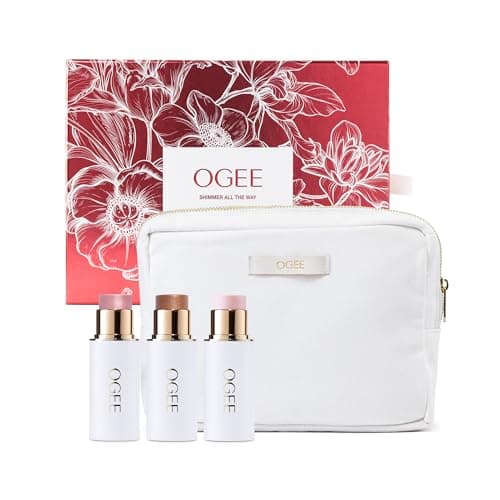 Ogee Shimmer All The Way - Limited Edition Holiday Makeup Gift Set - Includes a Trio of Pearl, Moonstone & Amethyst Highlighter Sticks & Organic Cotton Beauty Bag