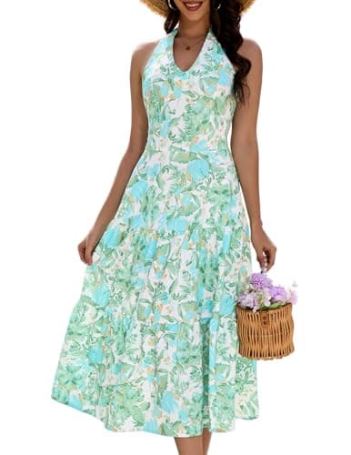 DRESSTELLS Women's Summer Casual Dress 2026 Boho Halter Neck Summer Floral Print Flowy A Line Maxi Spring Dress for Beach Party Wedding Green L
