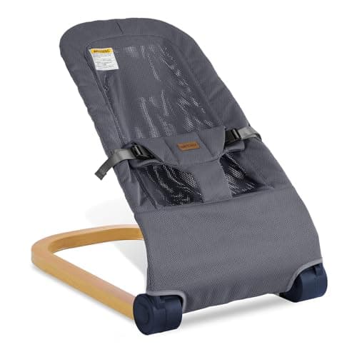 Winchild Baby Bouncer,Portable Baby Bouncer Seat & Foldable with 3 Height Adjustments, Ergonomic Bouncer for Babies 0-6 Months, Wood Grain Style, Natural Vibrations, Includes Storage Bag (Mesh Grey)