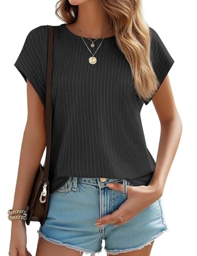 JUSTFASHIONNOW Womens Short Sleeve Blouses Business Casual Tops Crew Neck Basic Tees Textured Work Shirts Cute Office Outfits(Black,L)