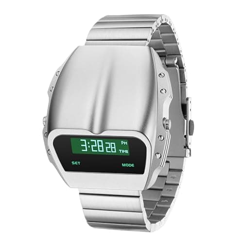 BENLYDESIGN Digital Watch for Men, Unique 1970s Retro OLED Digital Wristwatch with Raise to Wake Screen Stainless Steel Band Streetwear Racing Design Gift for Him Silver X7000
