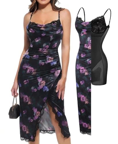 Popilush Midi Floral Dress Women's Satin Silk Ruched Shapewear Dress Cocktail Party Dresses with Built in Lace Bra