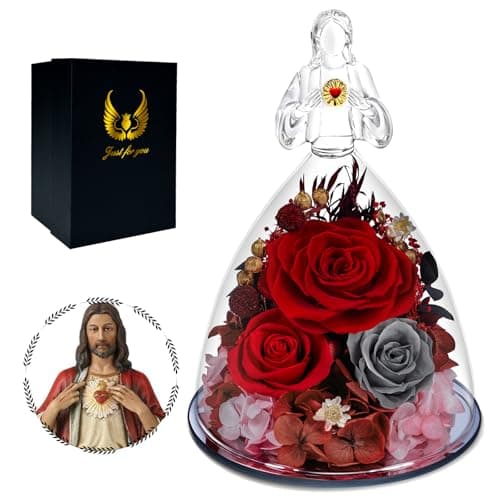 Tyvouflo Gifts for Mom Preserved Rose Birthday Gift Women Forever Flower in Glass with Sacred Heart Figurine,Mother's Day for Grandma,Wife,Girlfriend,Home Decor,Women,Eternal Colorful Roses