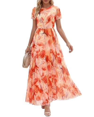 BTFBM Spring Dresses for Women 2026 Formal Short Sleeve Floral Homecoming Dress Maxi Wedding Guest Vacation Outfits(Floral Orange Red,Medium)