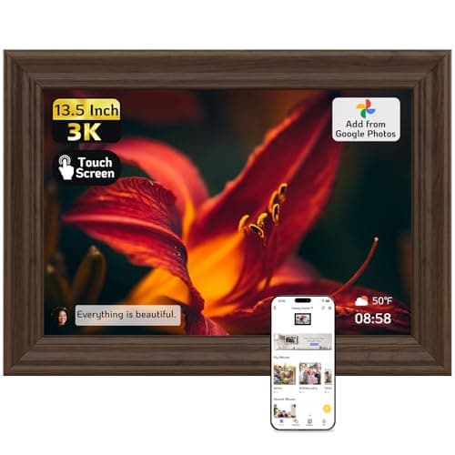 NexFoto 3K Digital Picture Frame 13.5 inch Touchscreen, WiFi Electronic Photo Frame 64GB, Add Pics from Google Photos, Share Photos/Videos via App/USB, Gifts for Mom/Grandparents/Birthday, Walnut