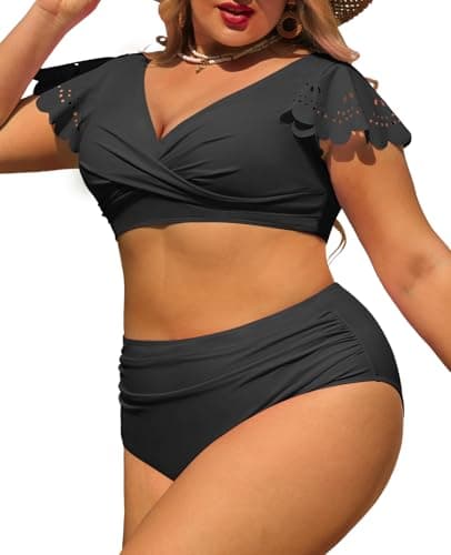 LA PRAJO Plus Size Two Piece Swimsuits Women High Waisted Bikini Tummy Control Bathing Suits Retro V Neck Cutout Ruffled Swimwear 2026 Black 22 Plus