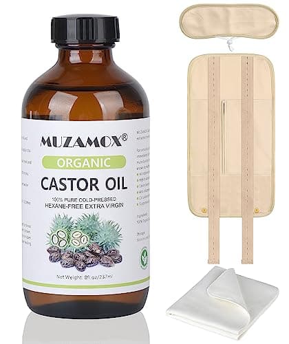 MUZAMOX Castor Oil Pack Wrap & 8fl.oz Glass Bottle Set, Organic Cold-Pressed Unrefined Castor Oil Included — image 1