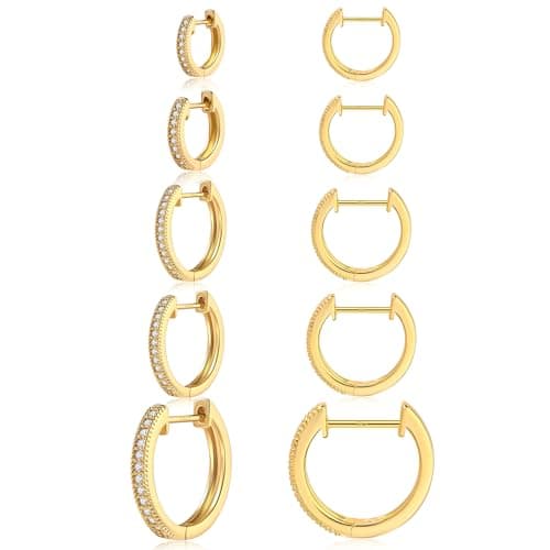 Bagutta Pavone 5 Pairs Small Gold Hoop Earrings for Women,Minimalist Gold Filled cz Huggie Hoop Earrings,S925 18K Gold Plated Hypoallergenic Chunky Hoop Earrings Set for Women 8/10/12/14/16mm