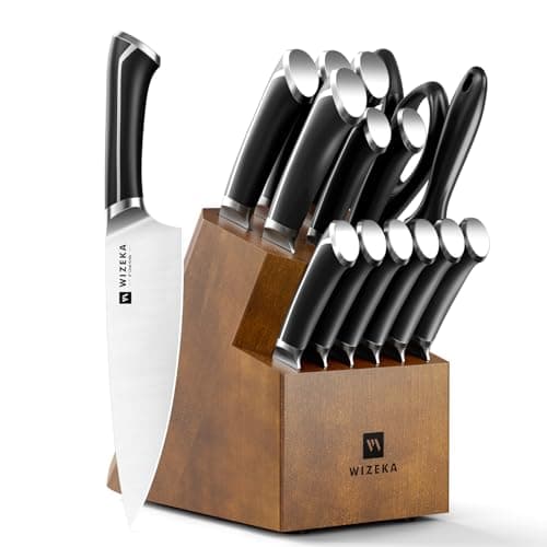 WIZEKA 15-Piece knife set, High Carbon Stainless Steel Kitchen Knife Set, Ultra Sharp Knife Block Set with Sharpener, Black, Crown Series