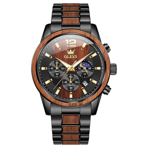 OLEVS Watches for Men Wood Luxury Dress Chronograph Wirst Watches 42MM Large Dial Stainless Steel Waterproof Analog Quartz Relic Vintage Unique Men Gift