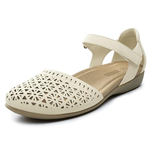 Rihero Women Closed Toe Sandals Summer Lightweight Arch Support Orthopedic Sandals with Ankle Strap Cushioned Footbed for Wedding Holidays Cream Hollow 7