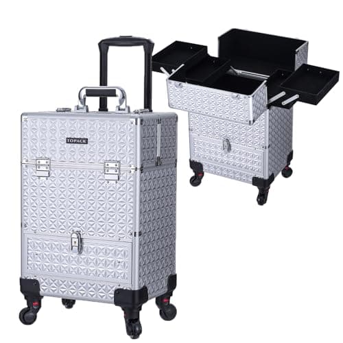 Rolling Makeup Case,Professional Cosmetology Case on Wheels,Large Cosmetic Organizer Train Case,Makeup Travel Case with Draws & Swivel wheels Nail Tech Salon Storage Traveling Cart Trunk,Silver