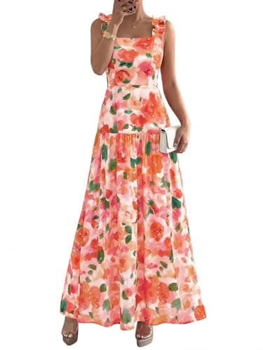 BTFBM Dresses for Women Summer 2026 Formal Sleeveless Smocked Floral Long Wedding Guest Dress Party Spring (Floral Orange Red,Medium)