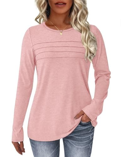 NORACORA Long Sleeve Tops for Women Fall Fashion 2025 Dressy Casual Crewneck Blouses Tshirts Trendy Pleated Tunic Shirts for Leggings Dusty Pink XL