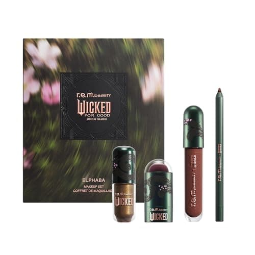 r.e.m. beauty by Ariana Grande Wicked: For Good | Elphaba Makeup Set | Waterpoof Eye Shadow, All Over Glow Stick, Creamy Lip Liner, Glossy Lip Balm | 4 Full Size Products