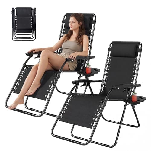 LUTINLIX Outdoor Zero Gravity Chairs Set of 2 with Cup Holder & Removable Pillows, Adjustable Folding Reclining Patio Chairs, Anti Gravity Lounge Chairs for Poolside, Lawn, Beach, Camping