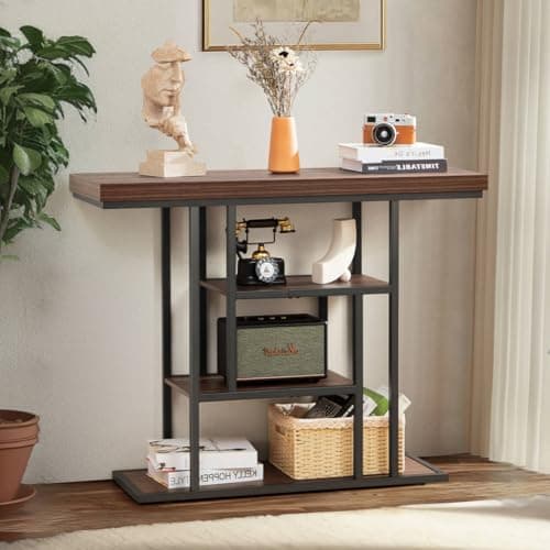 HABUTAY 42 Inch Industrial Entryway Table with 4-Tier Storage Shelves,Sofa Table for Living Room, Narrow Console Table for Hallway, Foyer, Front Door, Accent Furniture with Metal Frame,Rustic Brown