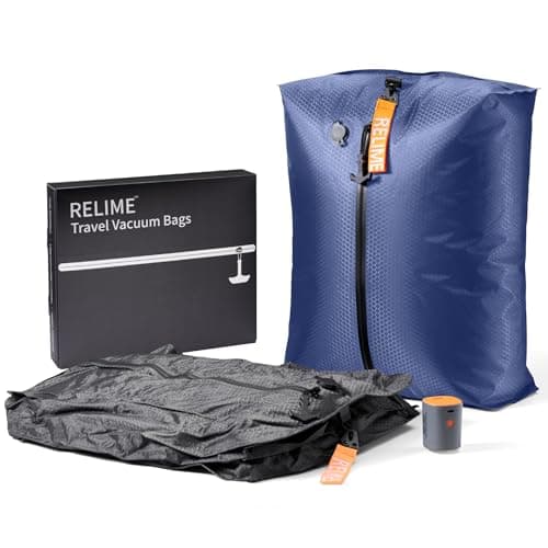 Relime Classic Series Vacuum Bags for Travel Luggage with Wireless Pump, Compression Bags for Carry On Suitcases and Backpack, Vacuum Seal Packing cube for Cloth Packing (2PC + PUMP Gray & Blue)
