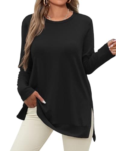 JUSTFASHIONNOW Womens Long Sleeve Tunic Tops to Wear with Leggings Crew Neck Side Split Layering Shirts Loose Fit Long Tops Black